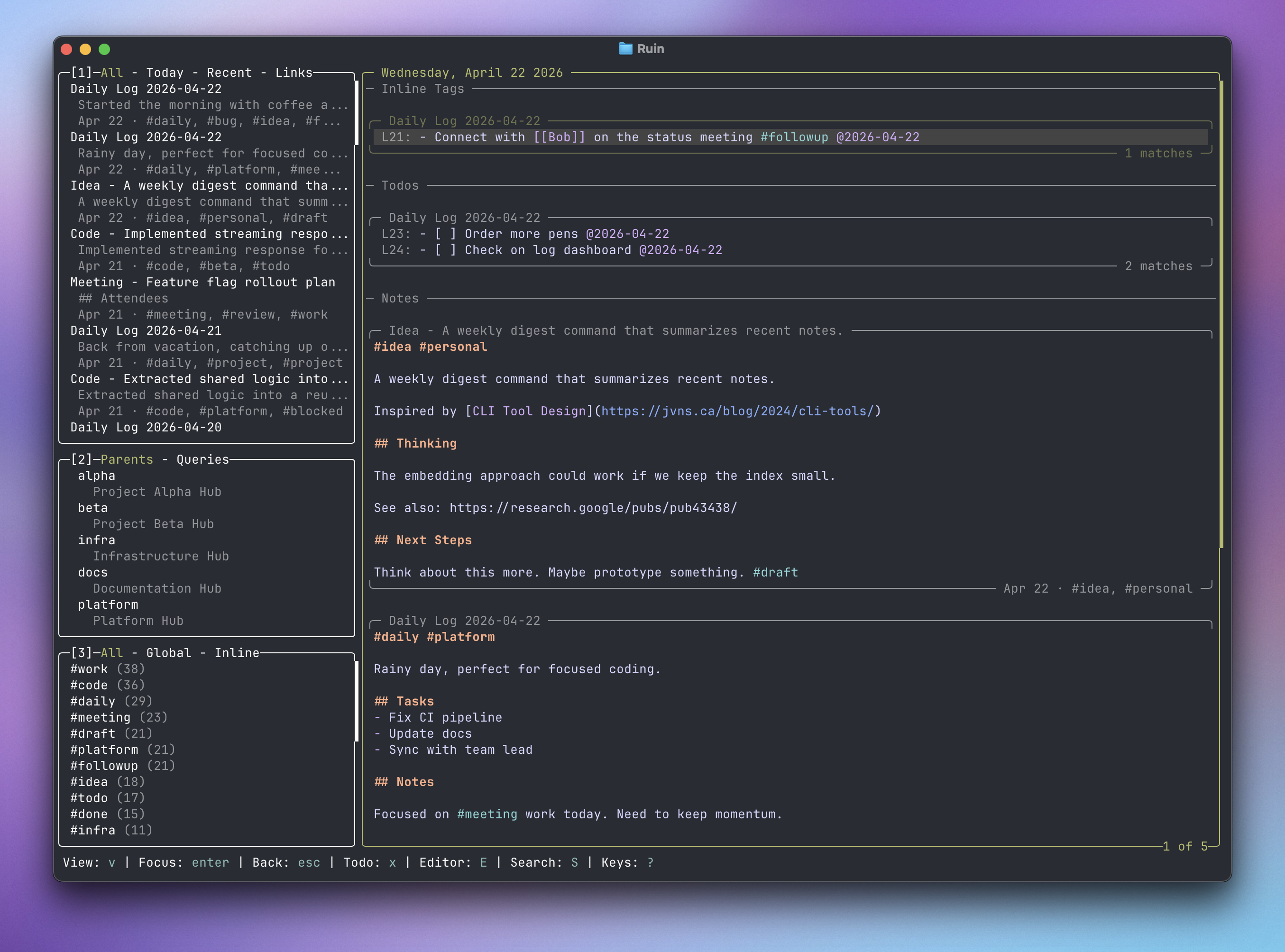 Lazyruin daily view showing notes, tags, and todos for a given day