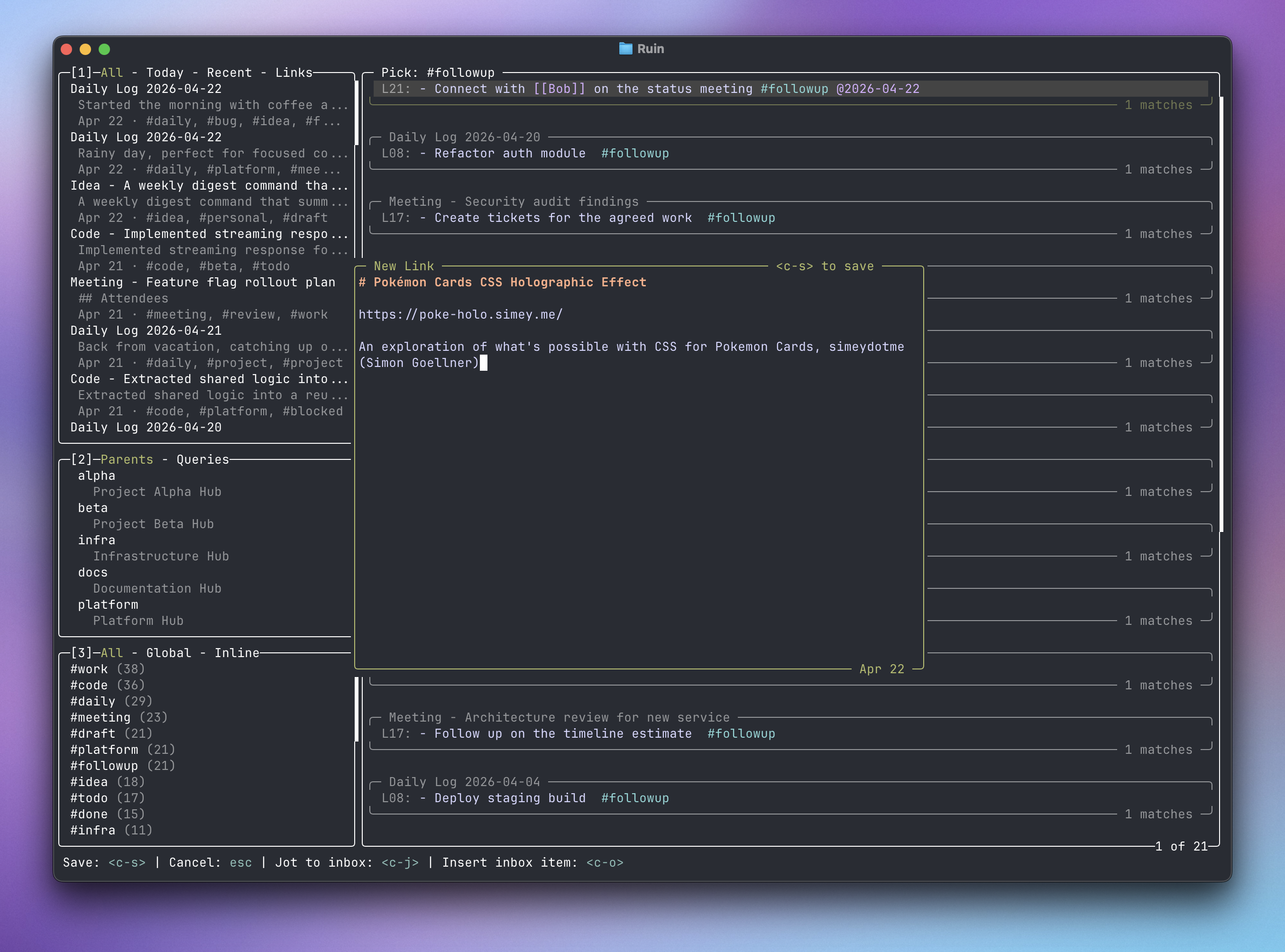 Lazyruin new link dialog with auto-resolved title and summary